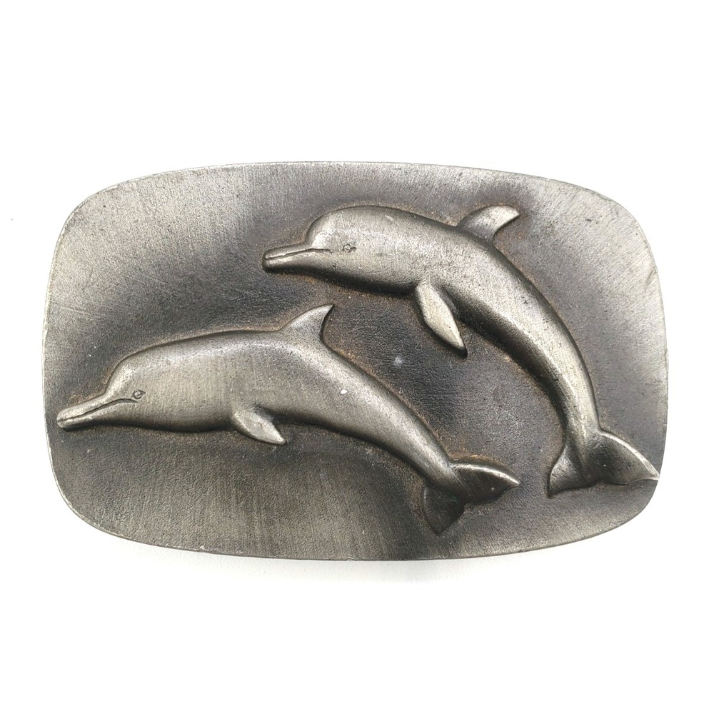 Vintage Scrimshaw Ltd Dolphin Belt Buckle Miles Barber Nautical Pewter Tone USA
